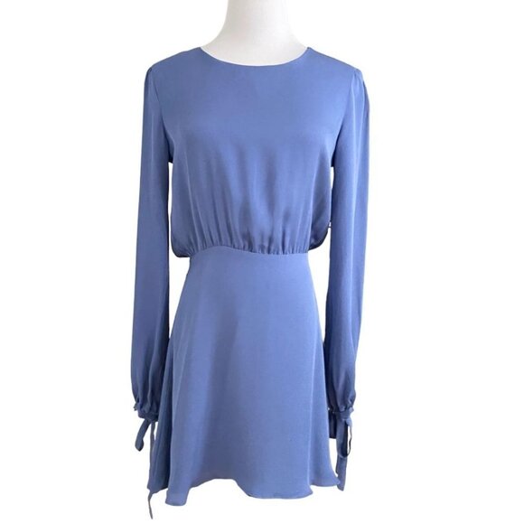 LPA 100% SILK MUTED BLUE OPEN BACK LONG SLEEVE TIE CUFF MINI CHIFFON DRESS - XS - Picture 2 of 9